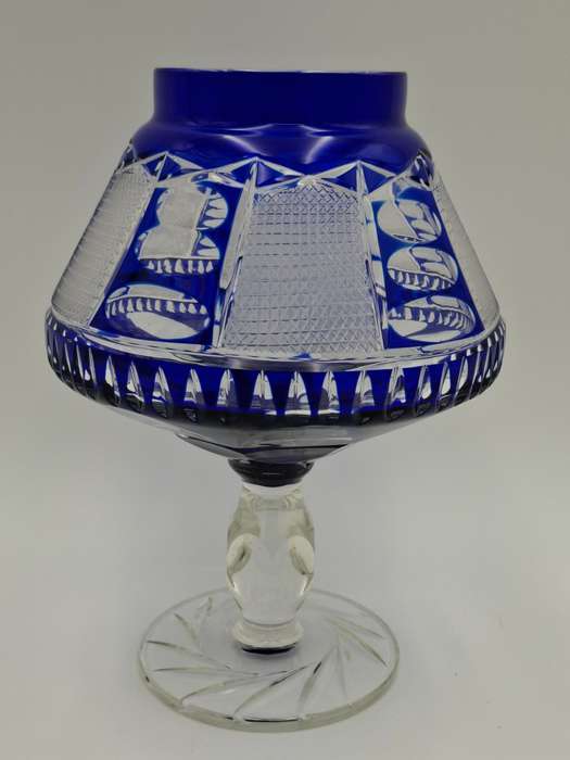 Vintage Bohemian Cobalt Blue Overlay Cut Footed Crystal Vase / Bowl - beautiful colour - 24cm high