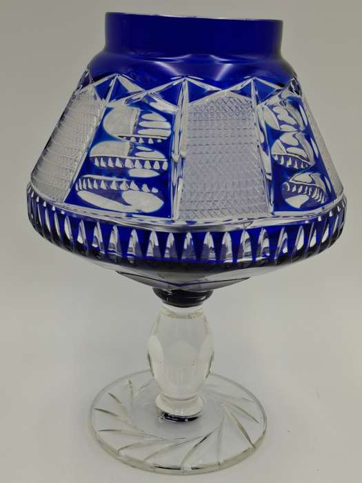 Vintage Bohemian Cobalt Blue Overlay Cut Footed Crystal Vase / Bowl - beautiful colour - 24cm high
