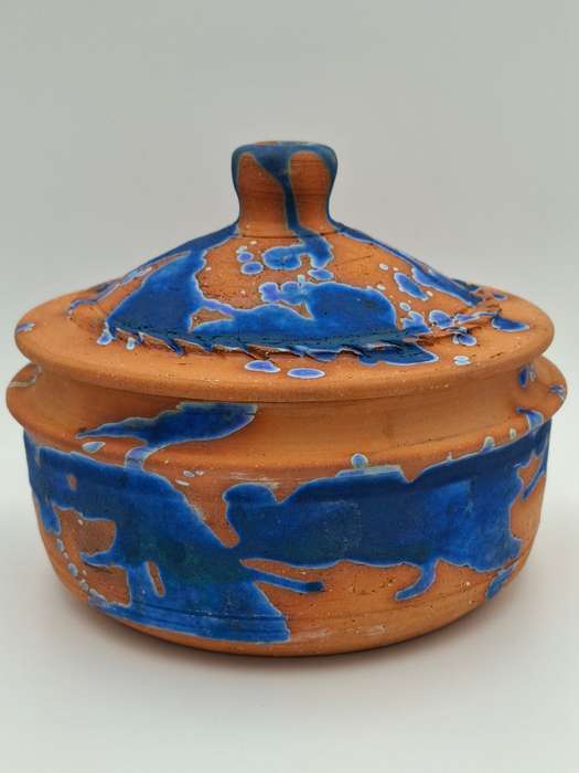 Gorgeous !! Clay Terracotta Serving Bowl with Lid - Cobalt Blue Inner Glazing & Beautifull Exterior