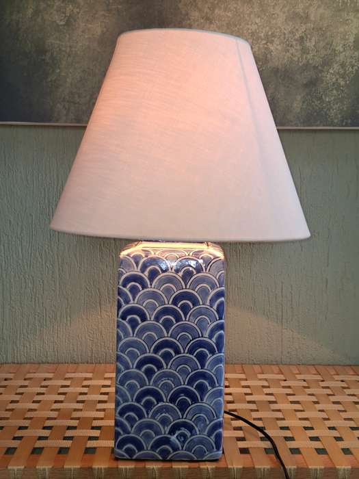 Vintage Mermaid Scale Lamp in Hues of Blue with Ivory Shade - Compliments Seaside Design