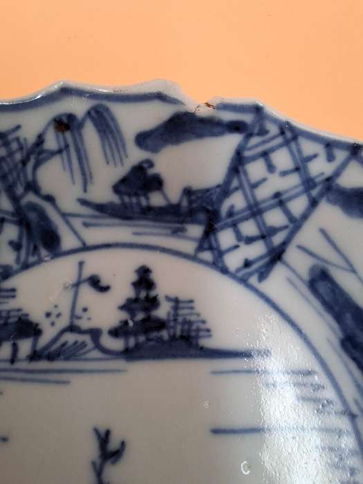 Vintage Kangxi - Blue & White Fluted Rim Saucer/Coaster - Oriental Scenes