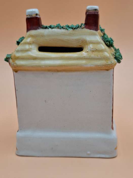 Vintage Staffordshire House Coin Bank with Gold Accent Trim