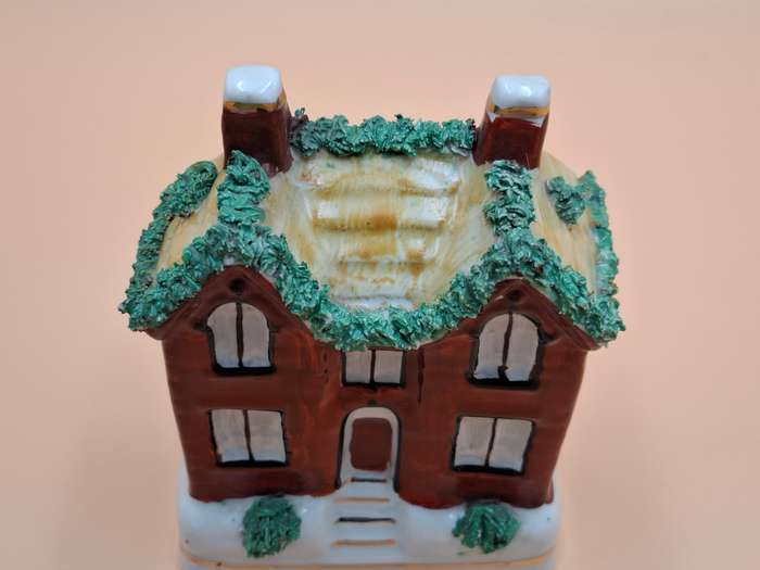 Vintage Staffordshire House Coin Bank with Gold Accent Trim