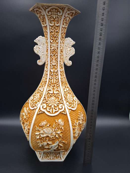 Vintage Carved Cinnabar Resin Ivory Urn Shaped Vase - 46.5cm H