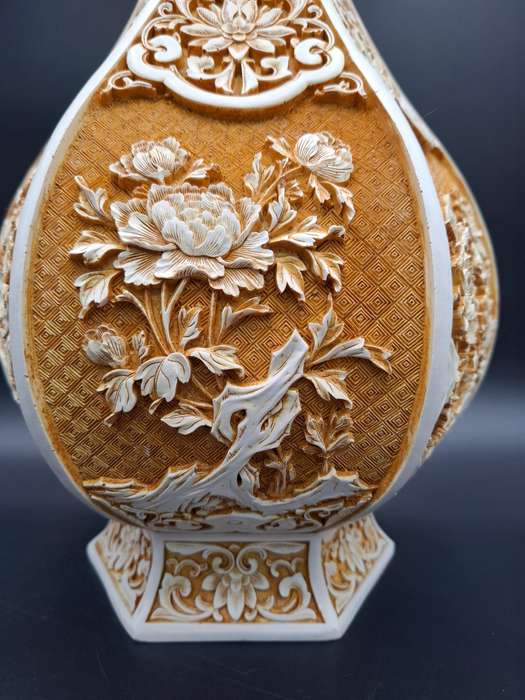 Vintage Carved Cinnabar Resin Ivory Urn Shaped Vase - 46.5cm H