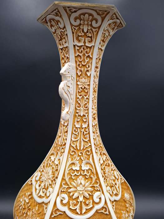 Vintage Carved Cinnabar Resin Ivory Urn Shaped Vase - 46.5cm H