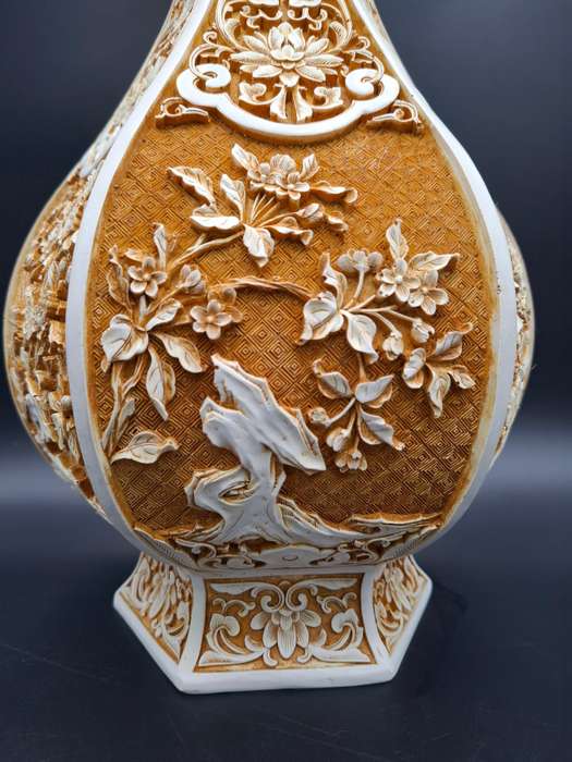Vintage Carved Cinnabar Resin Ivory Urn Shaped Vase - 46.5cm H