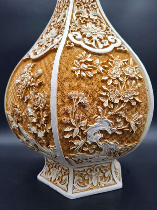 Vintage Carved Cinnabar Resin Ivory Urn Shaped Vase - 46.5cm H