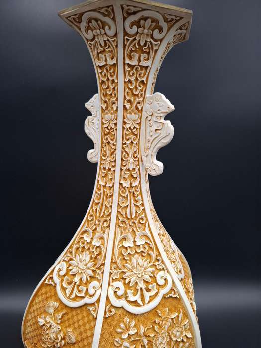 Vintage Carved Cinnabar Resin Ivory Urn Shaped Vase - 46.5cm H