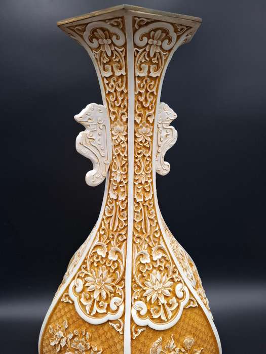 Vintage Carved Cinnabar Resin Ivory Urn Shaped Vase - 46.5cm H