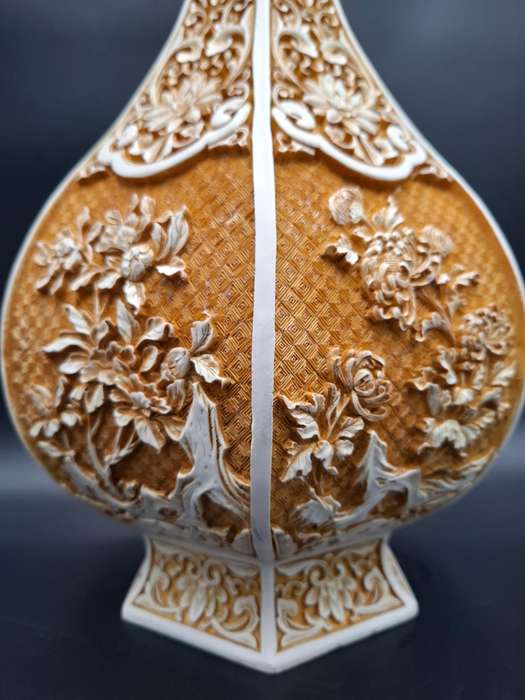 Vintage Carved Cinnabar Resin Ivory Urn Shaped Vase - 46.5cm H
