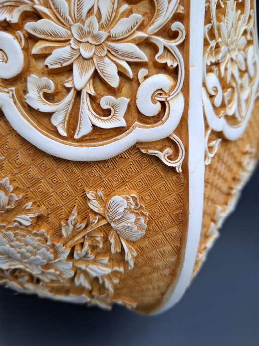 Vintage Carved Cinnabar Resin Ivory Urn Shaped Vase - 46.5cm H