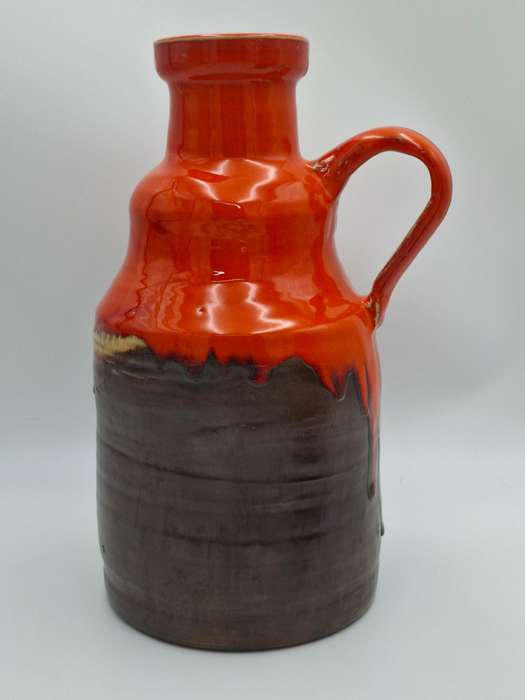 Pair of Mid-Century Retro Orange & Brown Drip Glazed - Jug & Vase