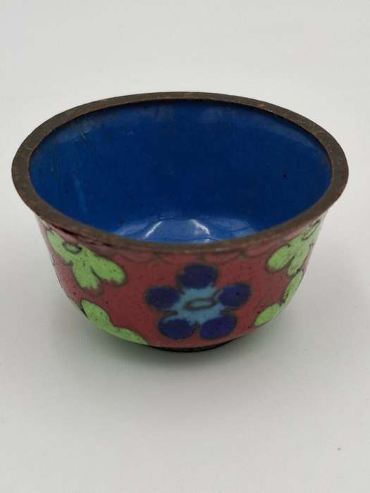 Vintage Cloisonné Miniature Salt Bowl with Orange & Green Flowers