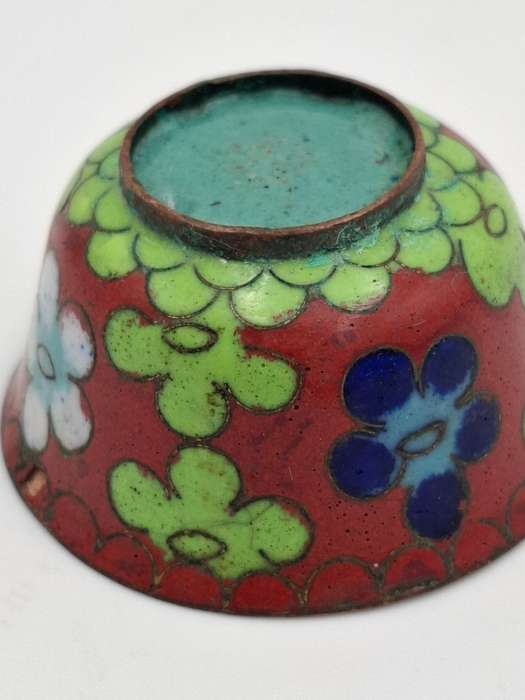 Vintage Cloisonné Miniature Salt Bowl with Orange & Green Flowers