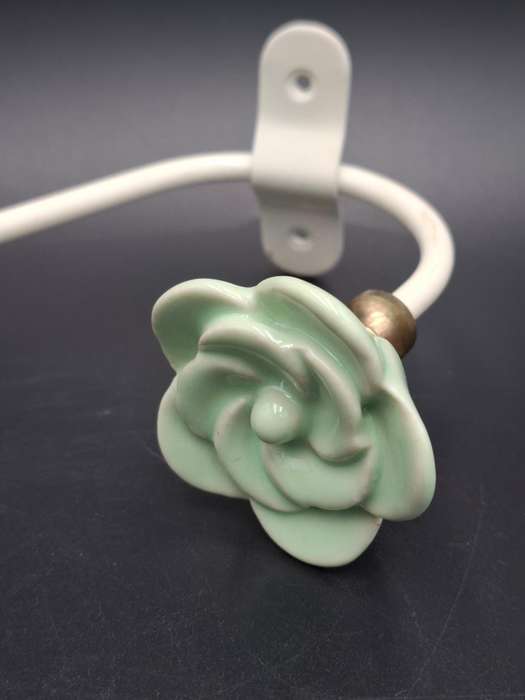 Vintage Sea Green Ceramic Rose and White Steel Coat/Hat Hook - Shabby Chic style