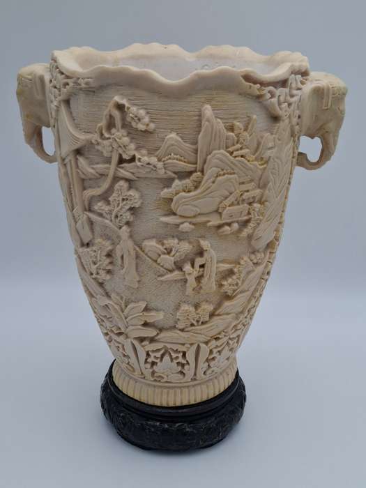Vintage Chinese Hand carved Resin Vase with Elephant Head Handles - Spectacular Piece