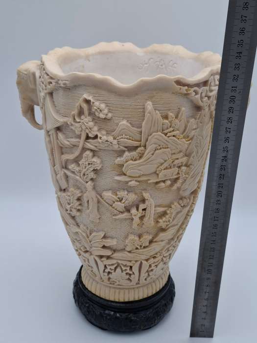 Vintage Chinese Hand carved Resin Vase with Elephant Head Handles - Spectacular Piece