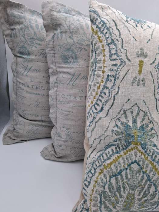 French Themed Scatter Cushions x 3 - Linen Style - Stone Base with Patterns