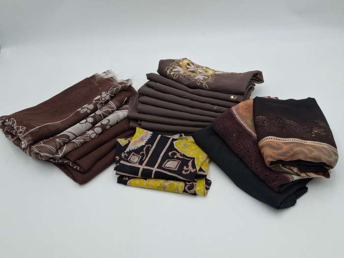 Brown Colored Patterned Fabric Batch - Precut in Rectangular Shapes for Head Scarves - with Thread