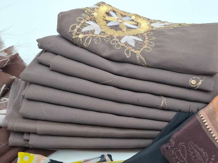Brown Colored Patterned Fabric Batch - Precut in Rectangular Shapes for Head Scarves - with Thread