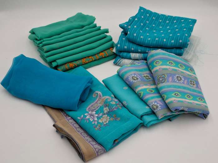 Turquoise Colored Fabric Batch - Precut in Rectangular Shapes for Head Scarves - with Thread