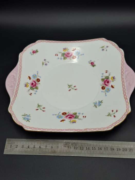 RARE Pair of Vintage Shelley Fine Bone Square Plates - Pink & Soft Green Edge