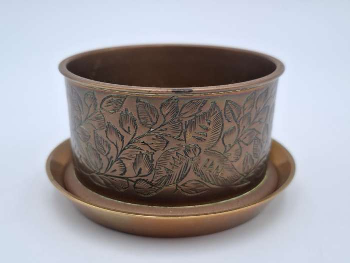 Brass Bowls Trio - Bowl with Engravings and Leaf Patterned Duo Trinket Holder with Base Plate