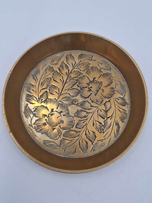 Brass Bowls Trio - Bowl with Engravings and Leaf Patterned Duo Trinket Holder with Base Plate