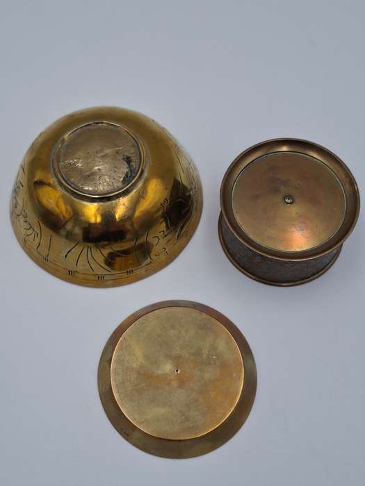 Brass Bowls Trio - Bowl with Engravings and Leaf Patterned Duo Trinket Holder with Base Plate