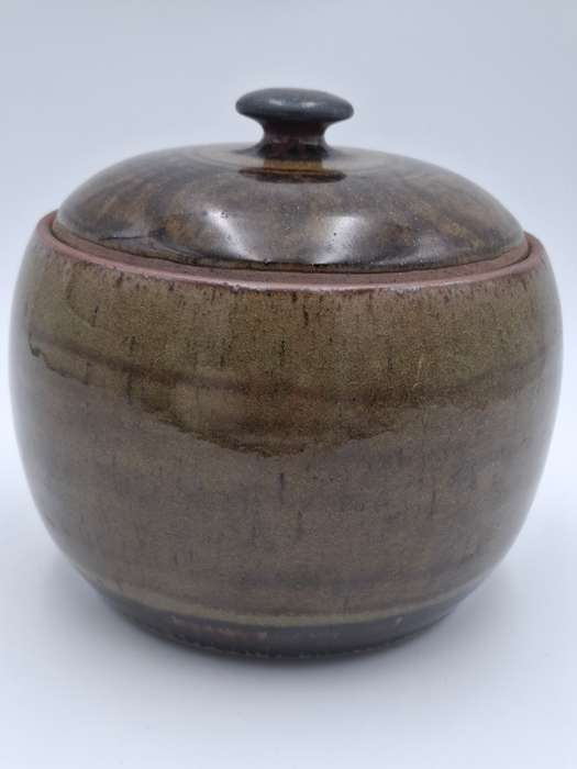 Vintage "Art Potteries" Storage Bowl with Lid - 16cm x 16cm - Olive Green & Chocolate - Stunning !