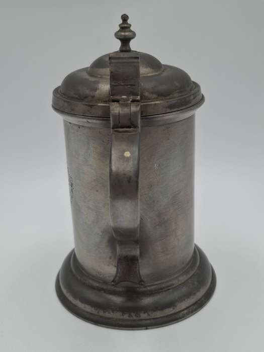 Vintage Pewter Tankard with Flip Lid and Engraved Emblem