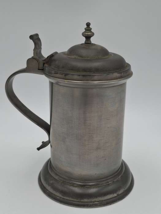 Vintage Pewter Tankard with Flip Lid and Engraved Emblem