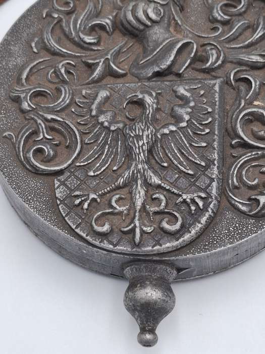 Antique Rare Pewter Gun Powder Flask with Ornate Coat of Arms - In Impeccably Condition