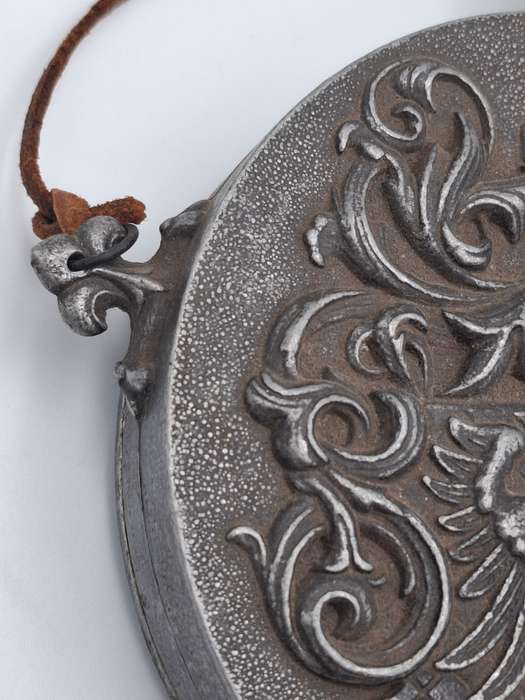 Antique Rare Pewter Gun Powder Flask with Ornate Coat of Arms - In Impeccably Condition