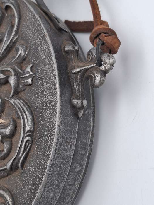 Antique Rare Pewter Gun Powder Flask with Ornate Coat of Arms - In Impeccably Condition
