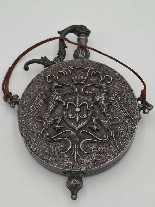 Antique Rare Pewter Gun Powder Flask with Ornate Coat of Arms - In Impeccably Condition