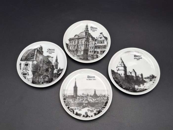 4 x Vintage Mini Porcelain Plates manufactured in Germany - featuring historical buildings in Duren