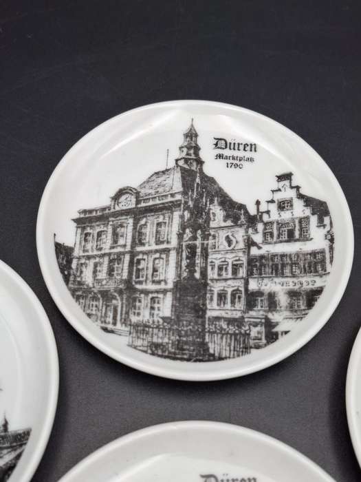 4 x Vintage Mini Porcelain Plates manufactured in Germany - featuring historical buildings in Duren