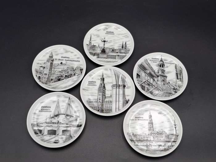 6 x Vintage Mini Porcelain Plates - collectors plates featuring sketches of Hamburg, Germany