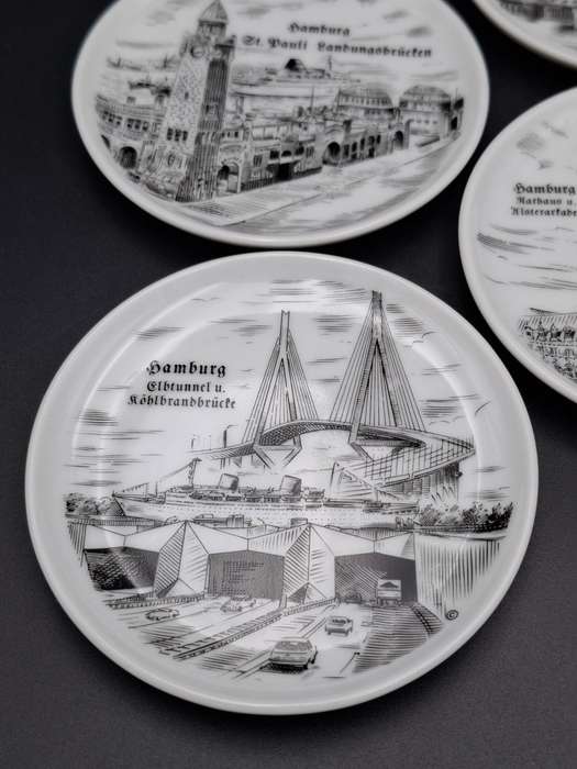 6 x Vintage Mini Porcelain Plates - collectors plates featuring sketches of Hamburg, Germany