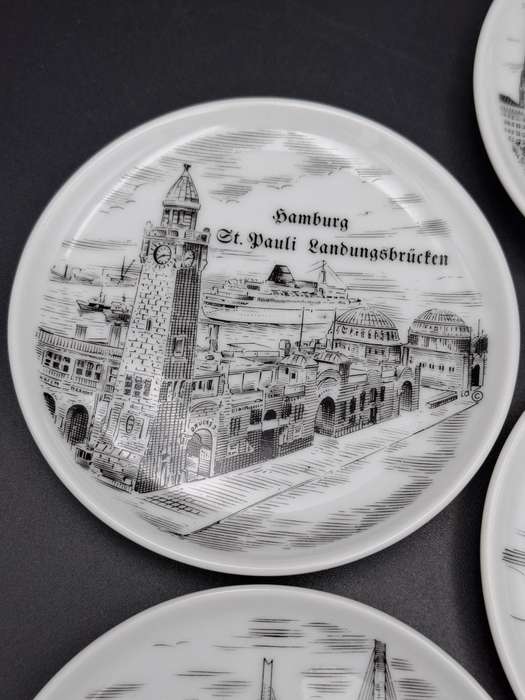 6 x Vintage Mini Porcelain Plates - collectors plates featuring sketches of Hamburg, Germany