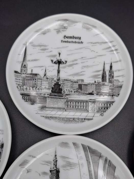 6 x Vintage Mini Porcelain Plates - collectors plates featuring sketches of Hamburg, Germany