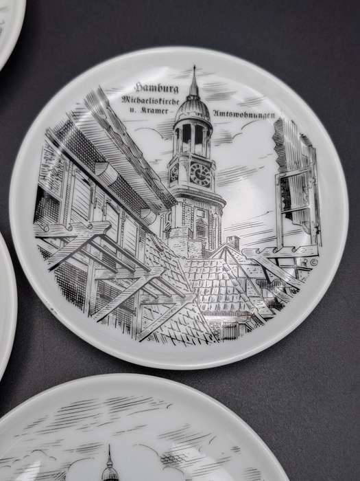 6 x Vintage Mini Porcelain Plates - collectors plates featuring sketches of Hamburg, Germany
