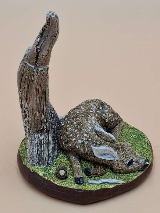 Vintage Hand Painted Resin Sculpture of a Fawn Deer - Artist James Kendall King c. 1980 to 1989