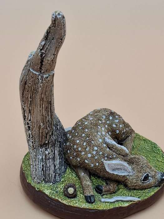 Vintage Hand Painted Resin Sculpture of a Fawn Deer - Artist James Kendall King c. 1980 to 1989