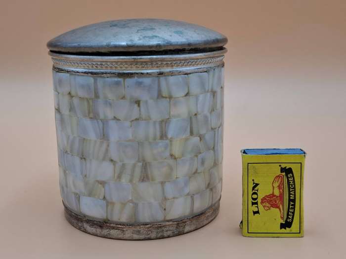 Vintage Silver Plated Canister with Mother of Pearl Inlaid & Lid - 14cm H