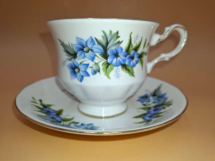 Vintage Queen Anne Fine Bone China - Cup & Saucer Duo - Beautiful Blue Flower Design
