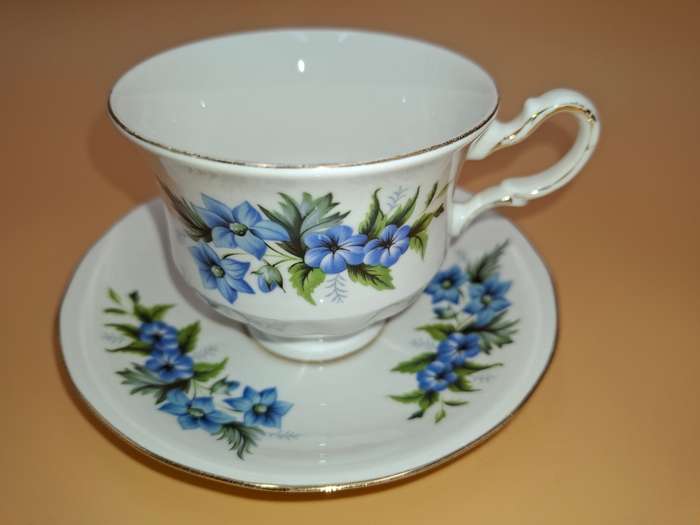 Vintage Queen Anne Fine Bone China - Cup & Saucer Duo - Beautiful Blue Flower Design