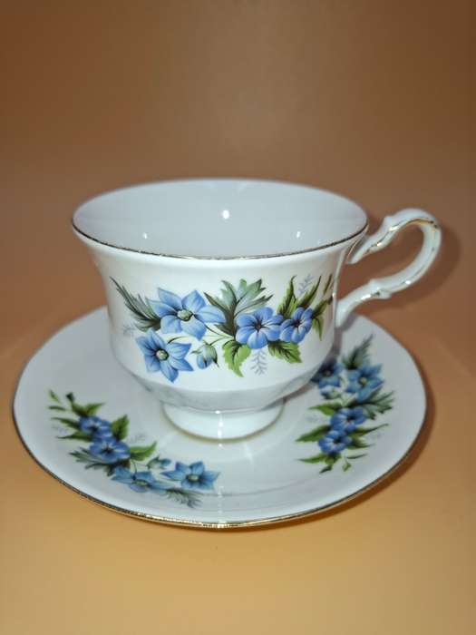 Vintage Queen Anne Fine Bone China - Cup & Saucer Duo - Beautiful Blue Flower Design